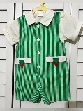 Sylvia Whyte Vintage Boys Romper 2 Piece Set Green and White 2T